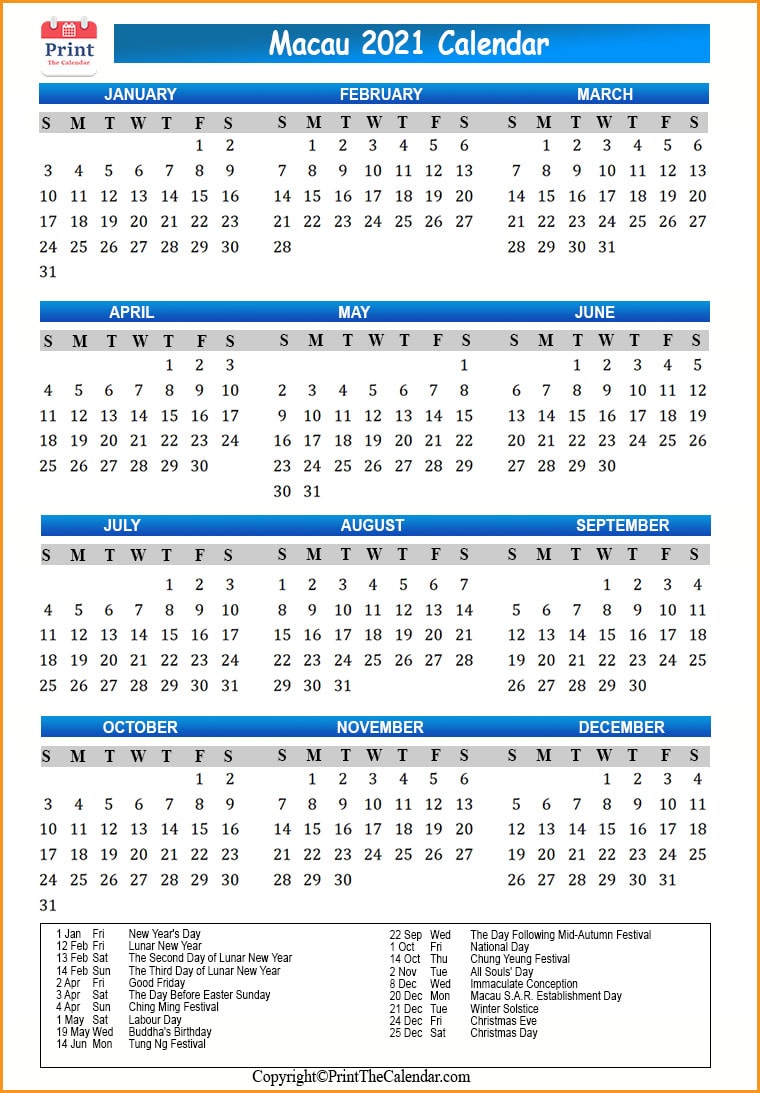 Macau Calendar 2021